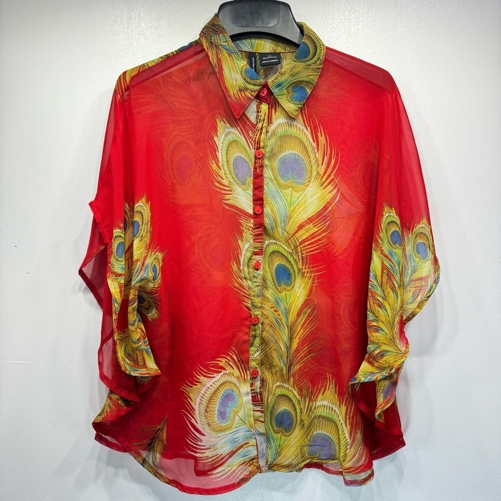 Red Peacock Feathers Sheer Button Front Blouse with Short Flutter Sleeves